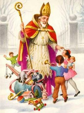 Święty Mikołaj postać starszego mężczyzny z białą brodą ubranego w czerwony strój, który wedle różnych legend i baśni w okresie świąt Bożego Narodzenia rozwozi dzieciom prezenty saniami ciągniętymi