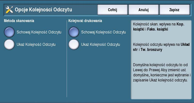 Serwis - ustawienia Zadane Ustawienia Zmniejszania/Powiększania Ta funkcja umożliwia ustawienie 10 proporcjonalnych współczynników zmniejszania/powiększania oraz 4 wstępnie zdefiniowanych