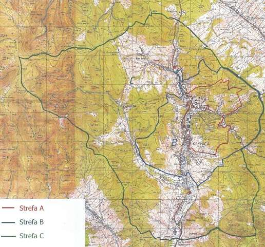 ochronne: A, B i C. Obszar Uzdrowiska Krynica-Zdrój obejmuje teren mieszczący się w granicach Miasta o powierzchni 4 020 ha. Strefy ochronne przedstawia poniższa mapa. Rysunek 28.