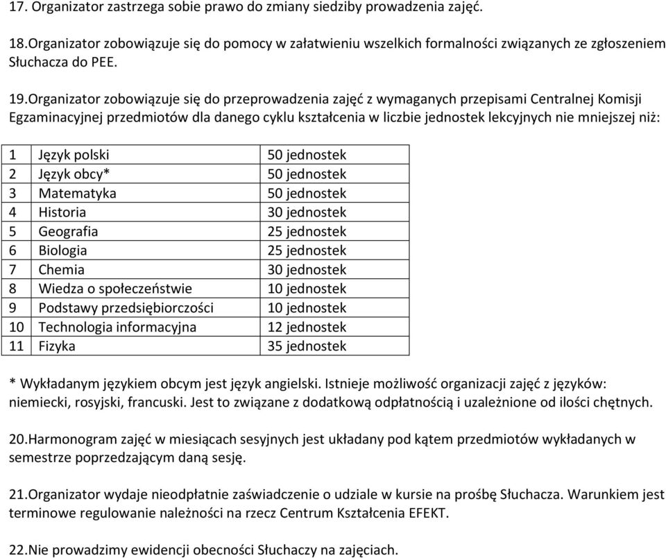 niż: 1 Język polski 50 jednostek 2 Język obcy* 50 jednostek 3 Matematyka 50 jednostek 4 Historia 30 jednostek 5 Geografia 25 jednostek 6 Biologia 25 jednostek 7 Chemia 30 jednostek 8 Wiedza o