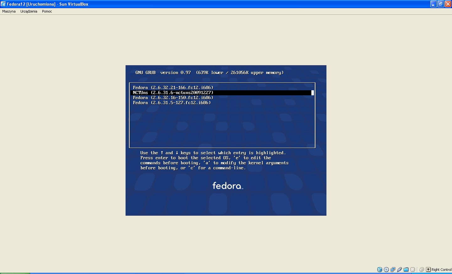 Rys. 1 Okno programu VirtualBox wybór przeznaczonej do uruchomienia