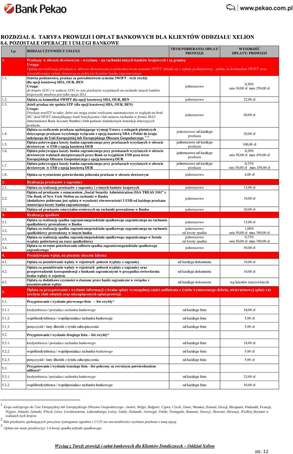 podstawowej, opłaty za komunikat SWIFT oraz zryczałtowanej opłaty stanowiącej pokrycie kosztów banku zagranicznego. 1.