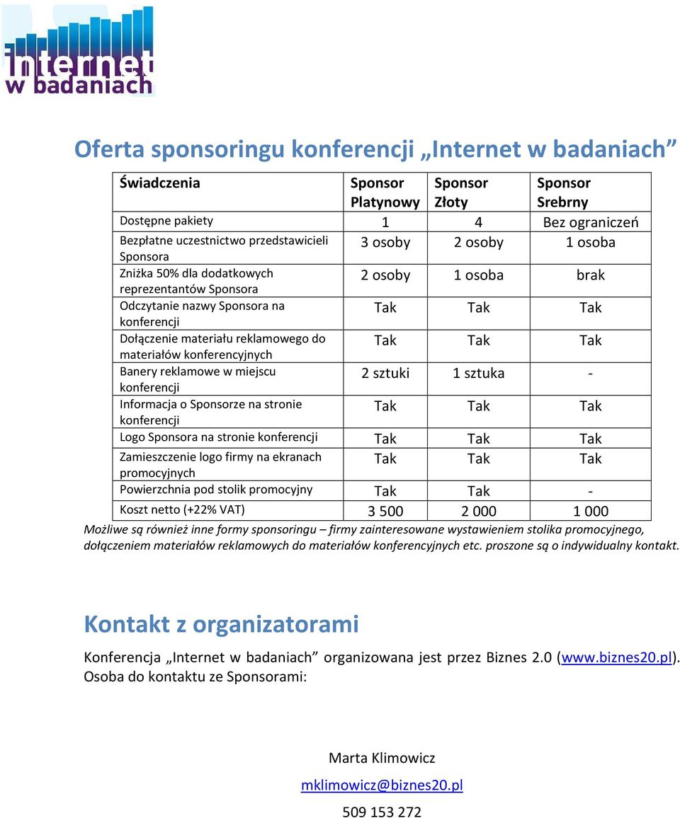 Sponsorze na stronie 2 osoby 1 osoba brak 2 sztuki 1 sztuka - Logo Sponsora na stronie Zamieszczenie logo firmy na ekranach promocyjnych Powierzchnia pod stolik promocyjny Tak Tak - Koszt netto (+22%