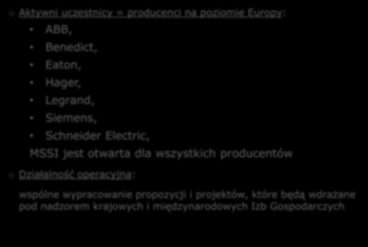 MSSI w Europie wspólna inicjatywa (MSSI in Europe The Collective Iniciative) o Aktywni uczestnicy = producenci na poziomie Europy: ABB, Benedict, Eaton, Hager, Legrand, Siemens, Schneider