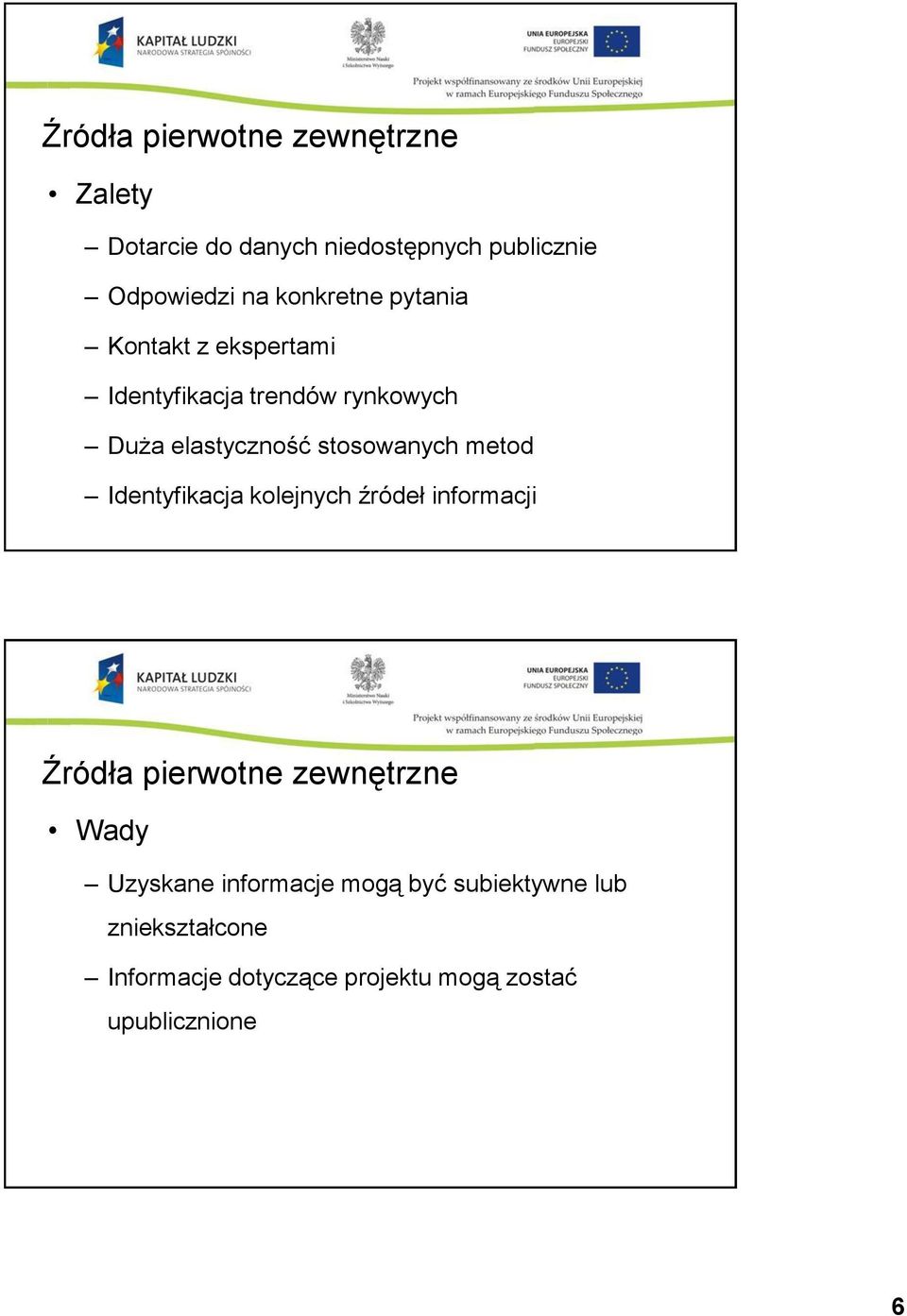 stosowanych metod Identyfikacja kolejnych źródeł informacji Źródła pierwotne zewnętrzne Wady