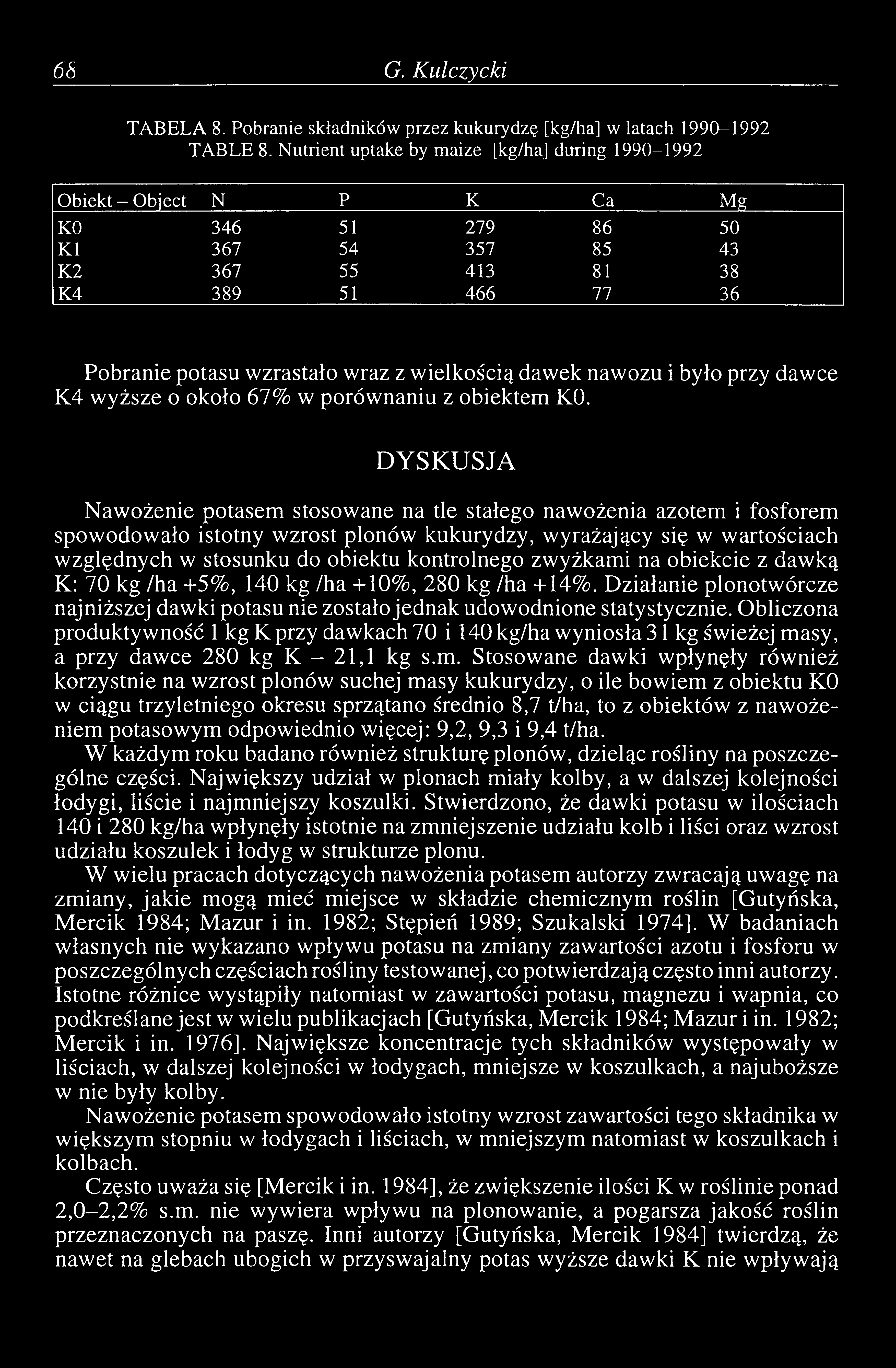 68 G. Kulczycki TABELA 8. Pobranie składników przez kukurydzę [kg/ha] w latach 1990-1992 TABLE 8.