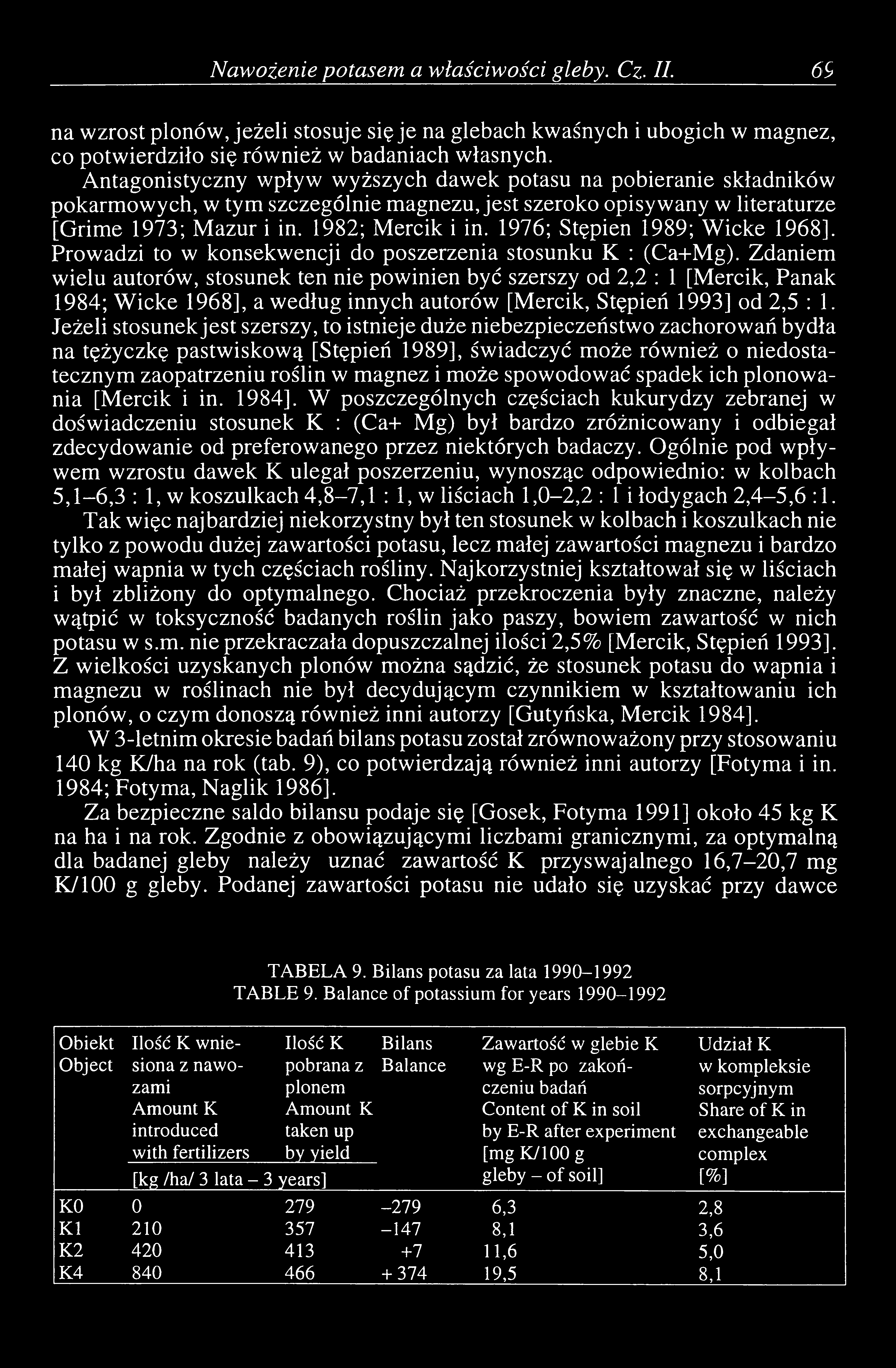 Naw ożenie potasem a właściwości gleby. Cz. H. 69 na wzrost plonów, jeżeli stosuje się je na glebach kwaśnych i ubogich w magnez, co potw ierdziło się rów nież w badaniach własnych.