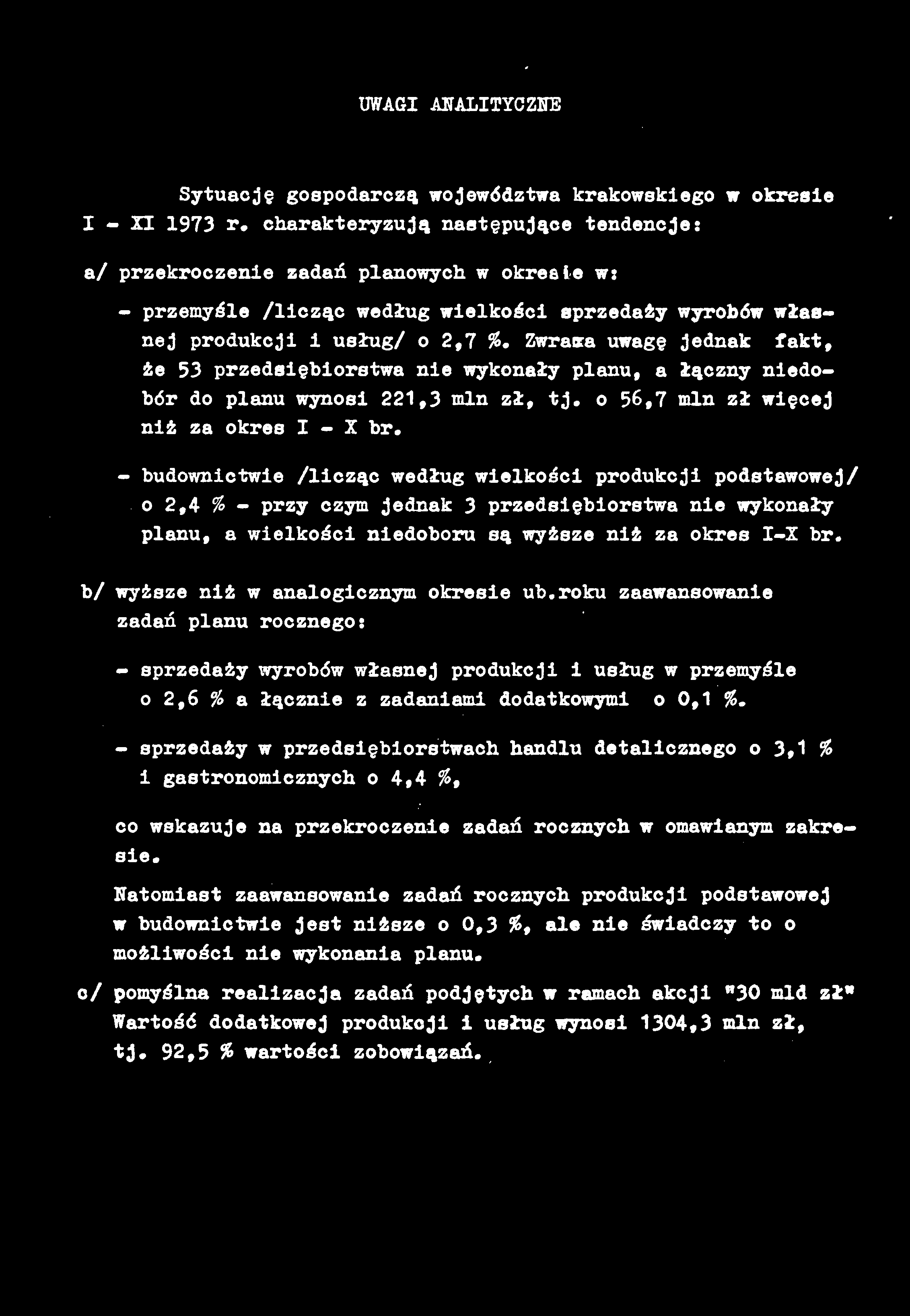 UWAGI ANALITYCZNE Sytuację gospodarczą województwa krakowskiego w okresie I - XI 1973 r.