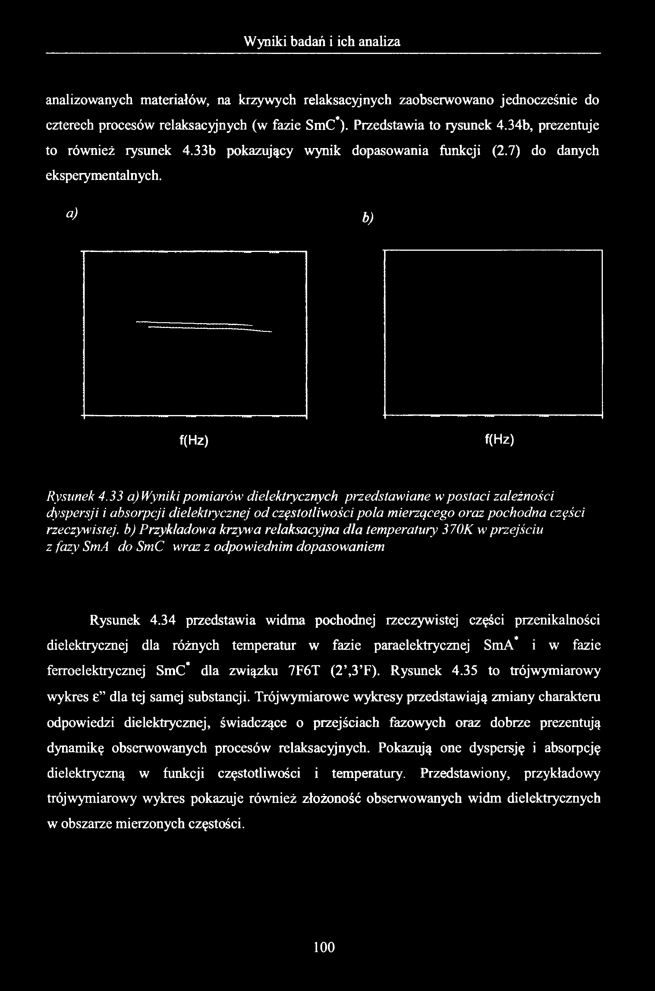 analizowanych materiałów, na krzywych relaksacyjnych zaobserwowano jednocześnie do czterech procesów relaksacyjnych (w fazie SmC*). Przedstawia to rysunek 4.34b, prezentuje to również rysunek 4.