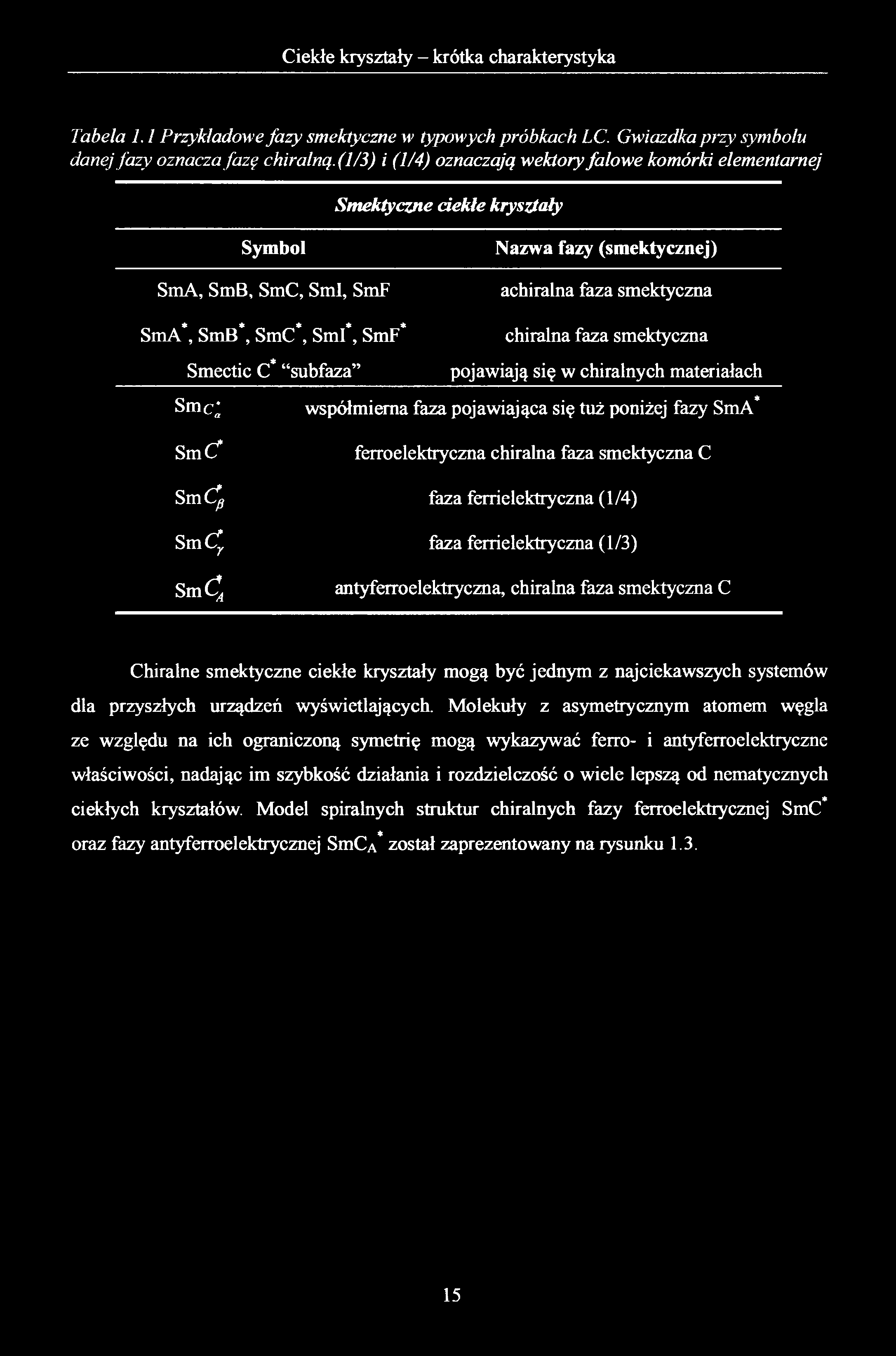 Tabela 1.1 Przykładowe fazy smektyczne w typowych próbkach LC. Gwiazdka przy> symbolu danej fazy oznacza fazę chiralną.