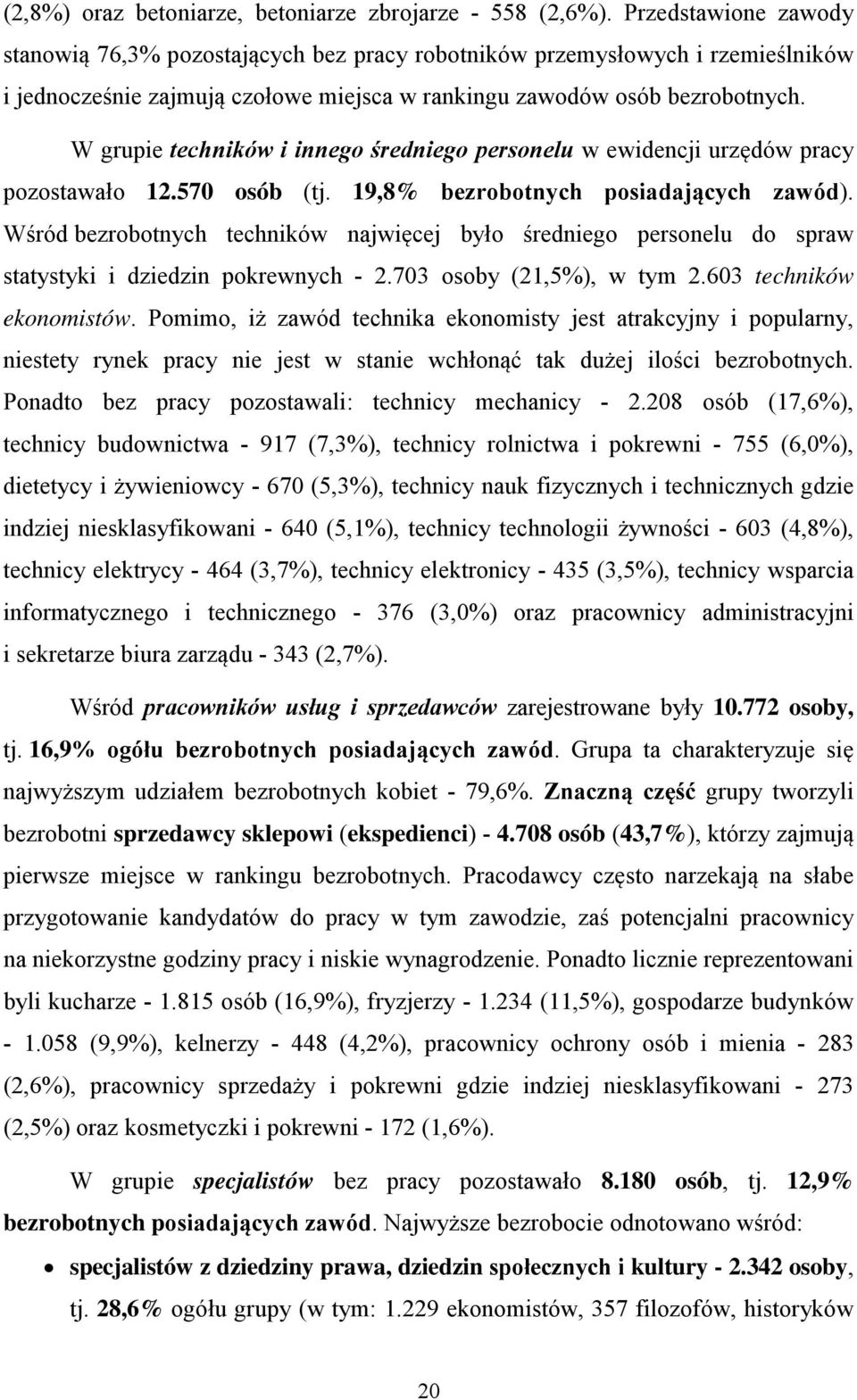 W grupie techników i innego średniego personelu w ewidencji urzędów pracy pozostawało 12.570 osób (tj. 19,8% bezrobotnych posiadających zawód).