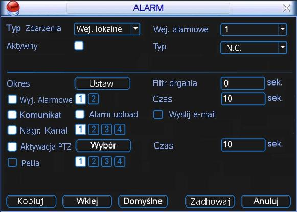 Obsługa rejestratora 6.6 Ustawienia wejść / wyjść alarmowych Przed zdefiniowaniem tych ustawień, proszę upewnić się, czy do wejść i wyjść prawidłowo zostały podłączone wszystkie urządzenia. 6.6.1 Wejście do menu Alarm Wejdź do menu głównego, kliknij na ikonę Ustawienia, następnie Alarm.