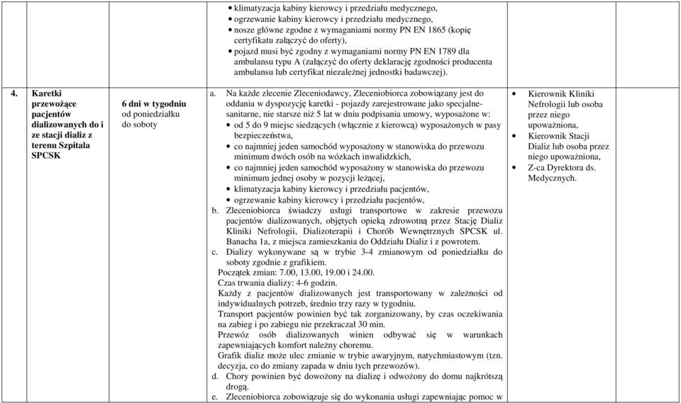 przewożące pacjentów dializowanych do i ze stacji dializ z terenu Szpitala SPCSK 6 dni w tygodniu od poniedziałku do soboty a.