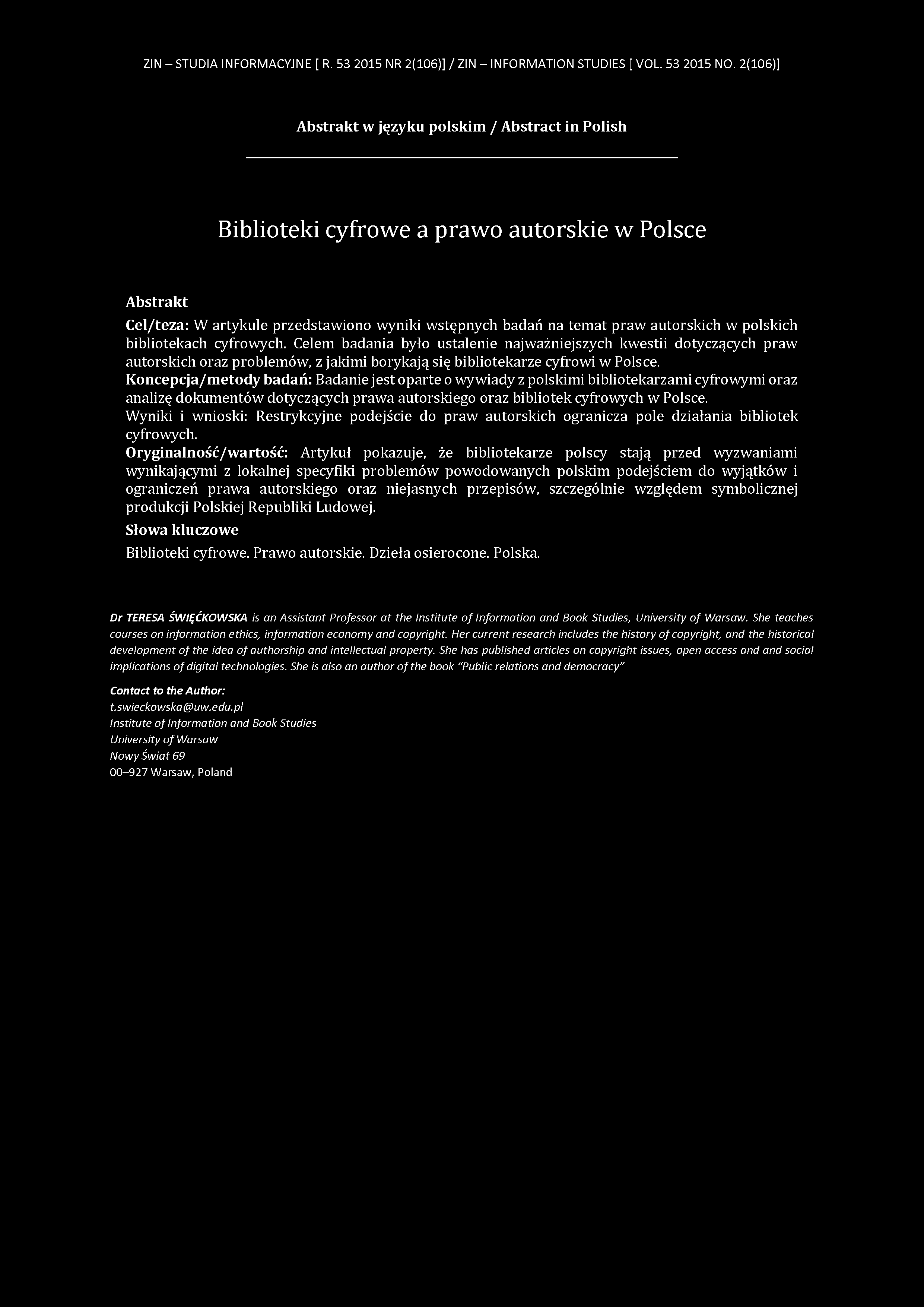 ZIN - STUDIA INFORMACYJNE [ R. 53 2015 NR 2(106)] / ZIN - INFORMATION STUDIES [ VOL. 53 2015 NO.
