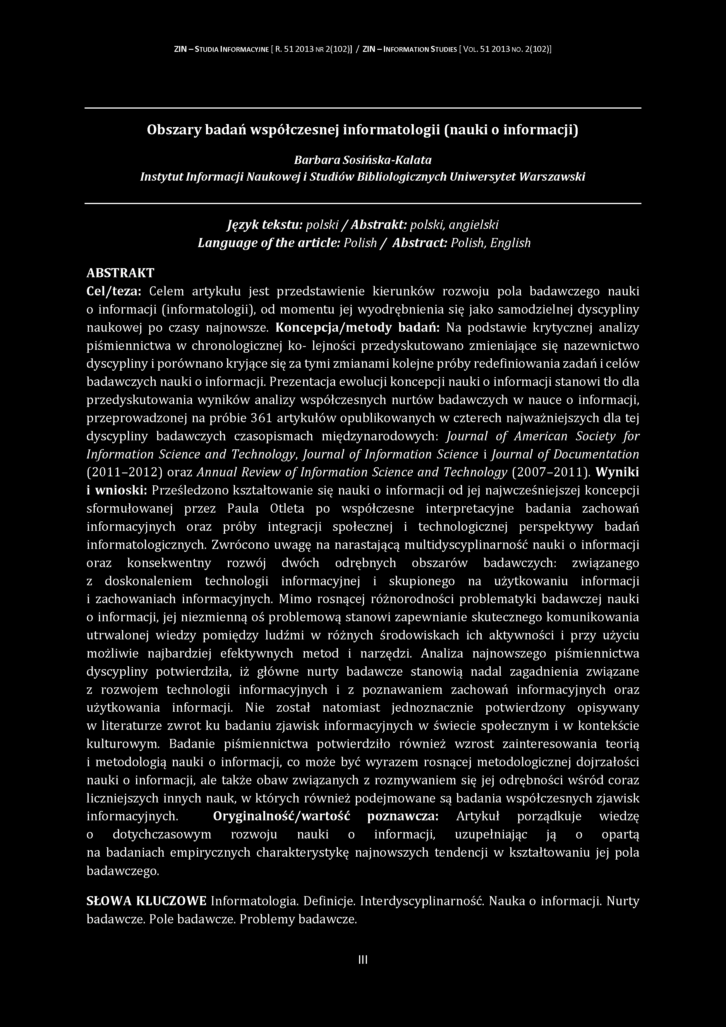ZIN - S tudia I nform acyjne [ R. 51 2013 nr 2(102)] / ZIN - Inform ation S tudies [ V ol. 51 2013 no.
