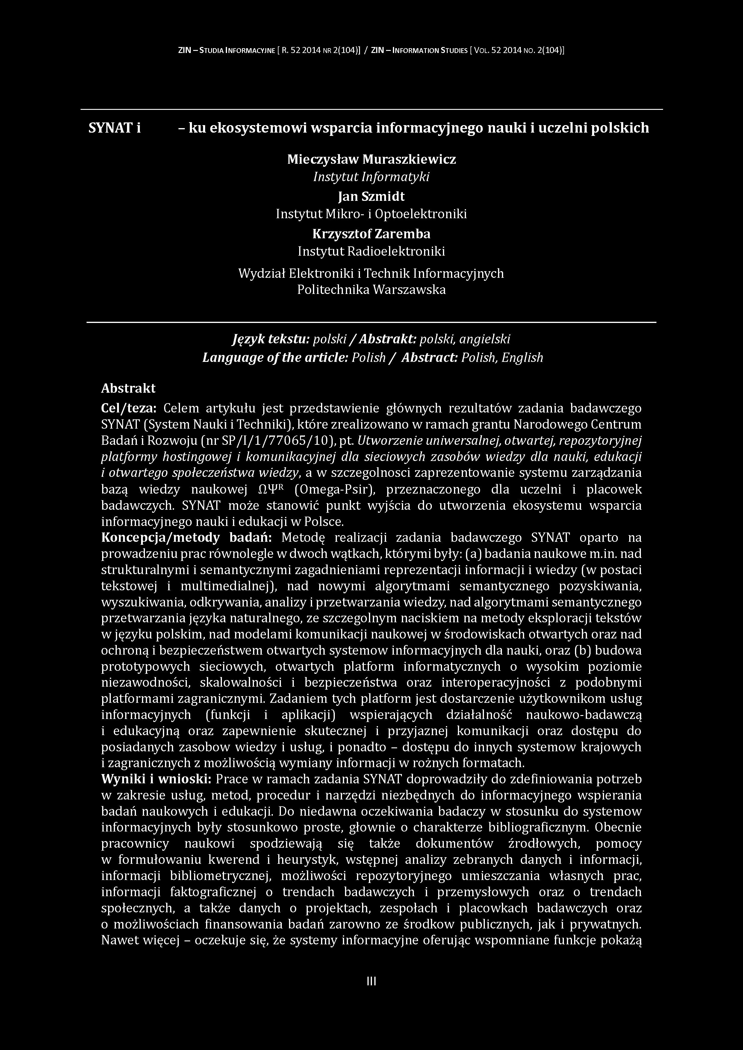 ZIN - S tudia I nform acyjne [ R. 52 2014 nr 2(104)] / ZIN - Inform ation S tudies [ V ol. 52 2014 no.
