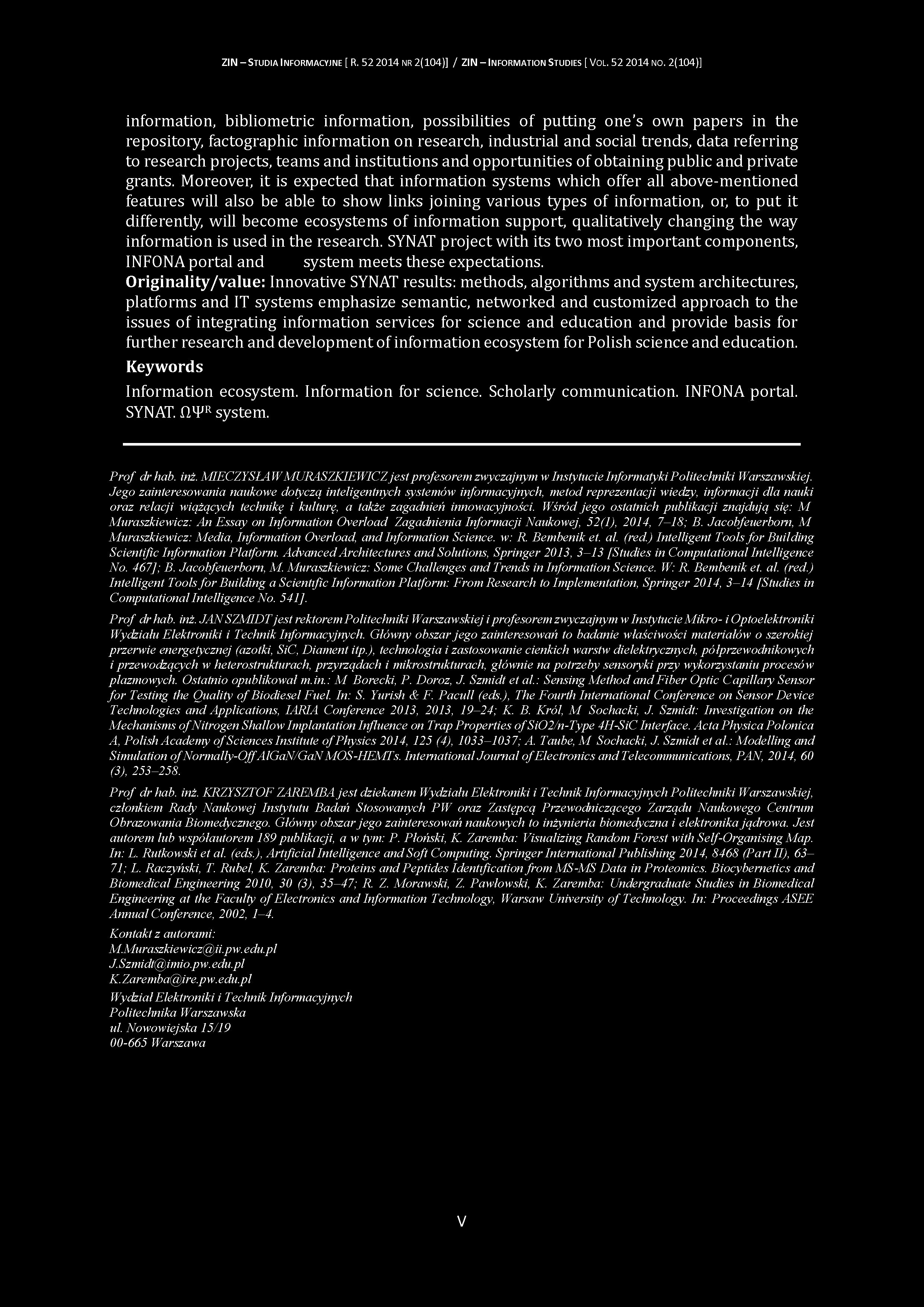 ZIN - S tudia I nform acyjne [ R. 52 2014 nr 2(104)] / ZIN - Inform ation S tudies [ V ol. 52 2014 no.