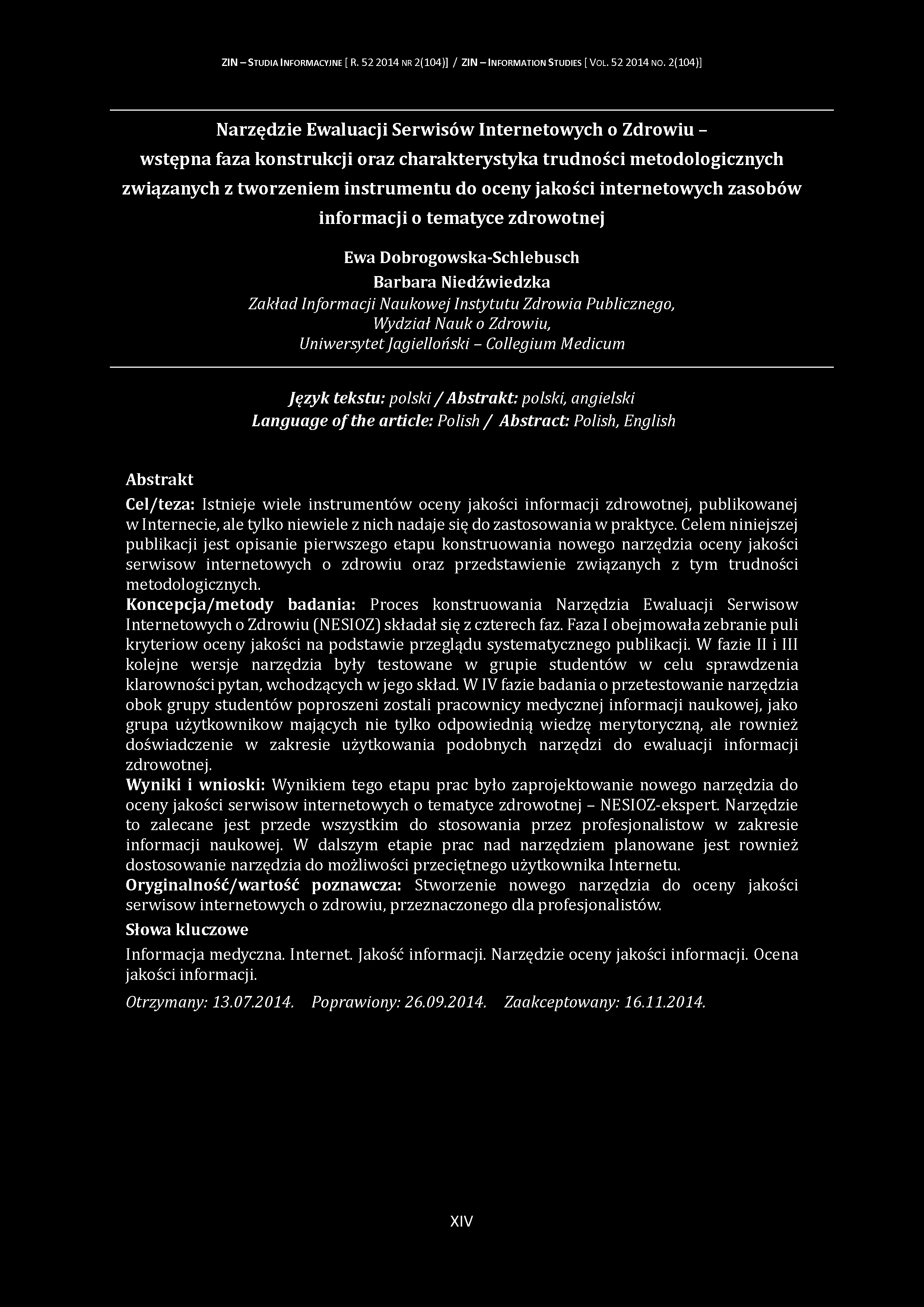 ZIN - S tudia I nform acyjne [ R. 52 2014 nr 2(104)] / ZIN - Inform ation S tudies [ V ol. 52 2014 no.