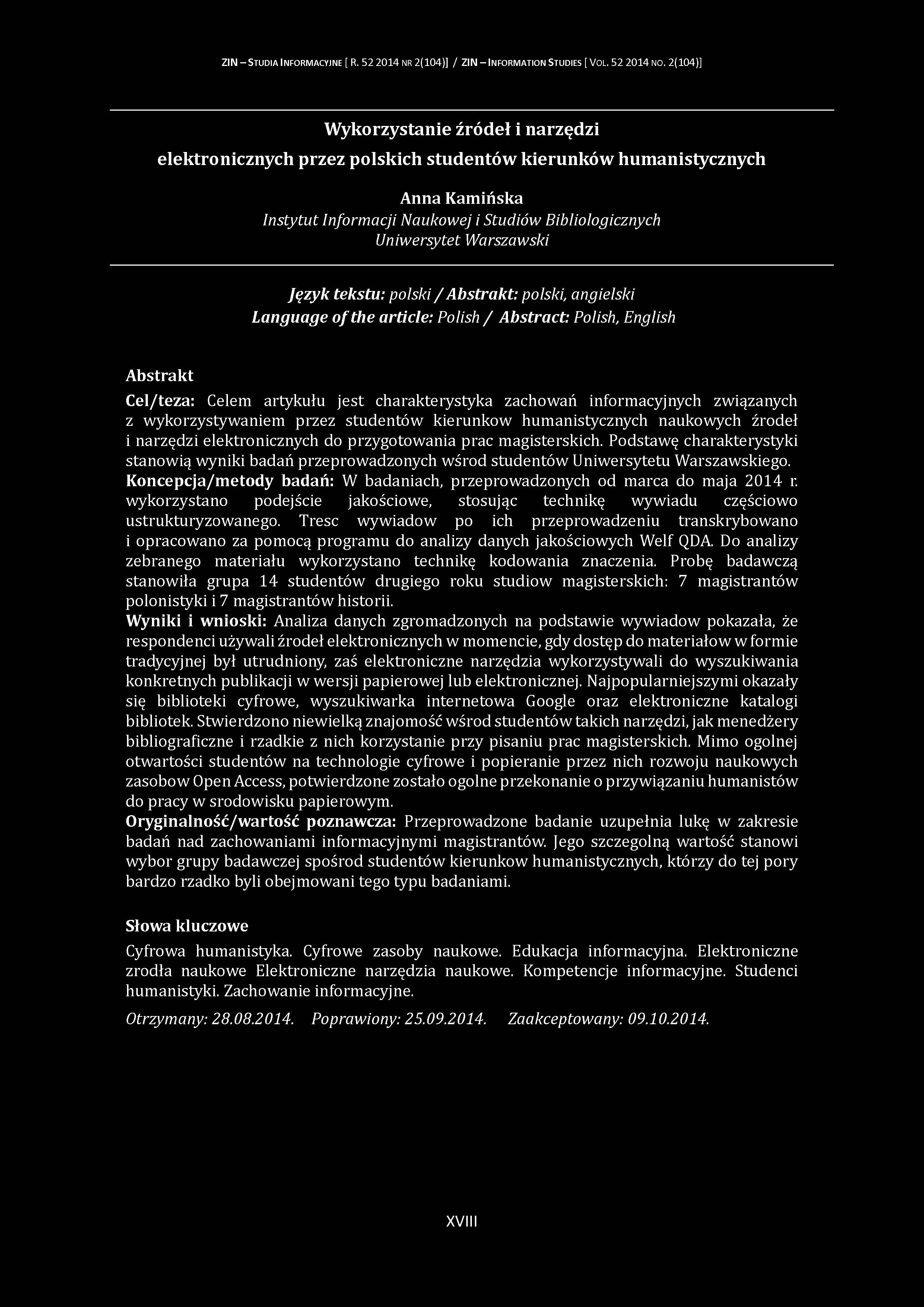 ZIN - S tudia I nform acyjne [ R. 52 2014 nr 2(104)] / ZIN - Inform ation S tudies [ V ol. 52 2014 no.
