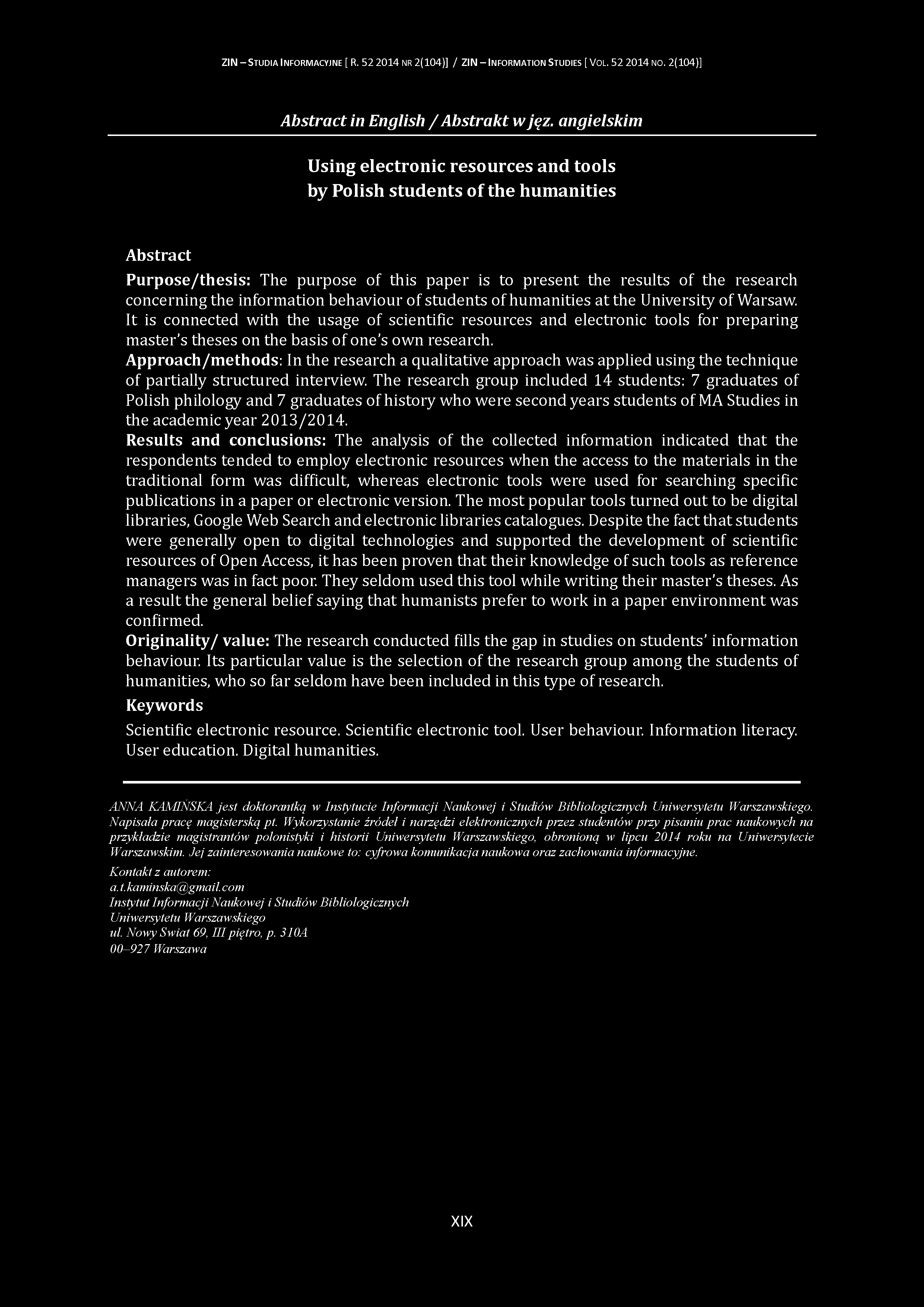 ZIN - S tudia I nform acyjne [ R. 52 2014 nr 2(104)] / ZIN - Inform ation S tudies [ V ol. 52 2014 no. 2(104)] Abstract in English / Abstrakt w jęz.