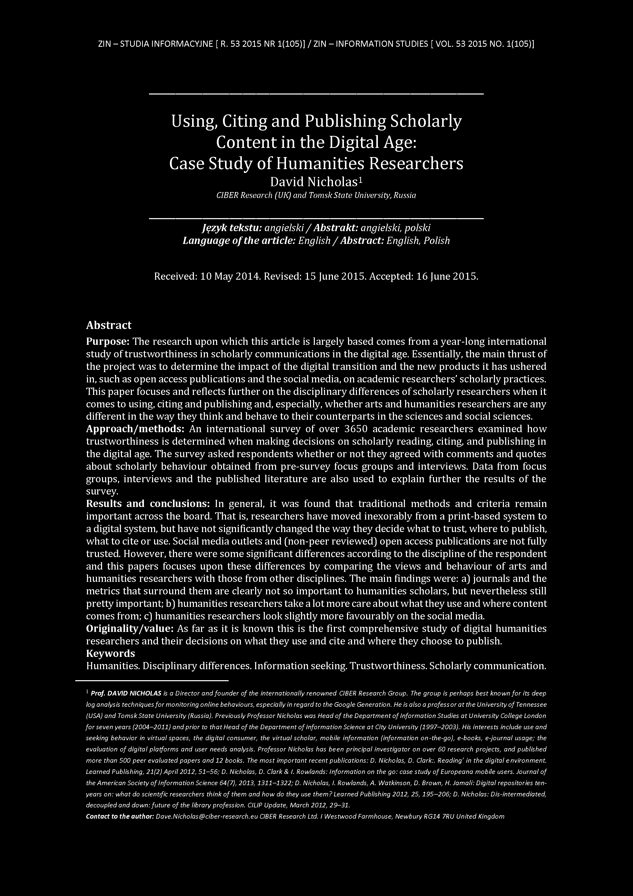 ZIN - STUDIA INFORMACYJNE [ R. 53 2015 NR 1(105)] / ZIN - INFORMATION STUDIES [ VOL. 53 2015 NO.