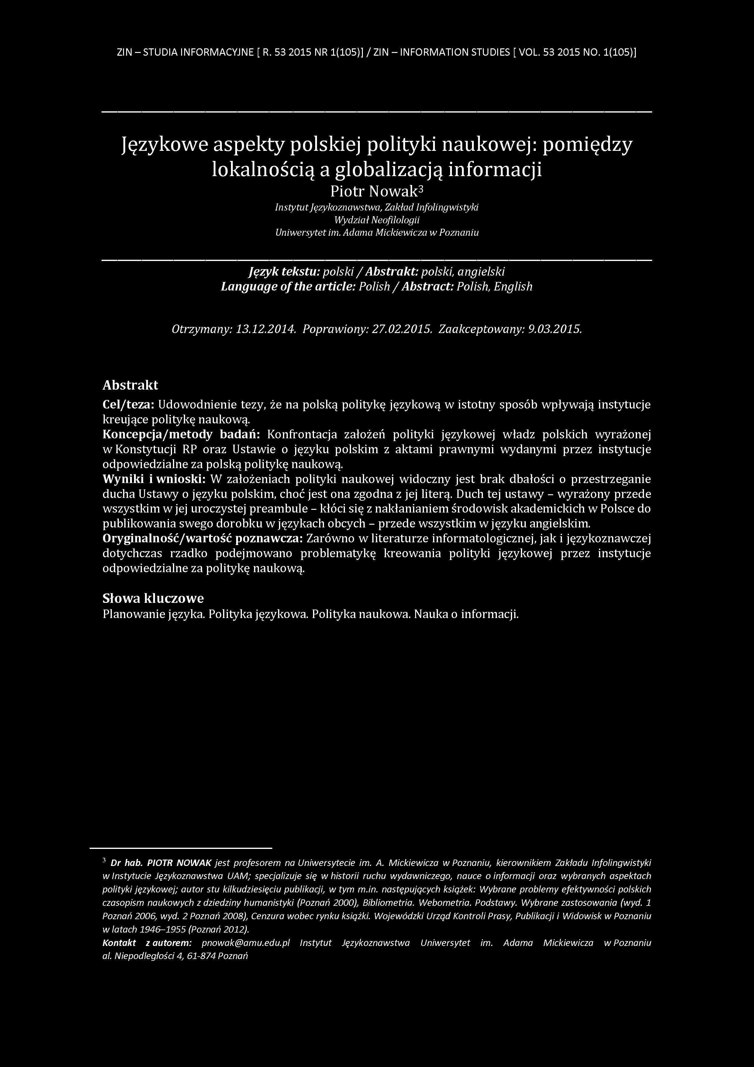 ZIN - STUDIA INFORMACYJNE [ R. 53 2015 NR 1(105)] / ZIN - INFORMATION STUDIES [ VOL. 53 2015 NO.
