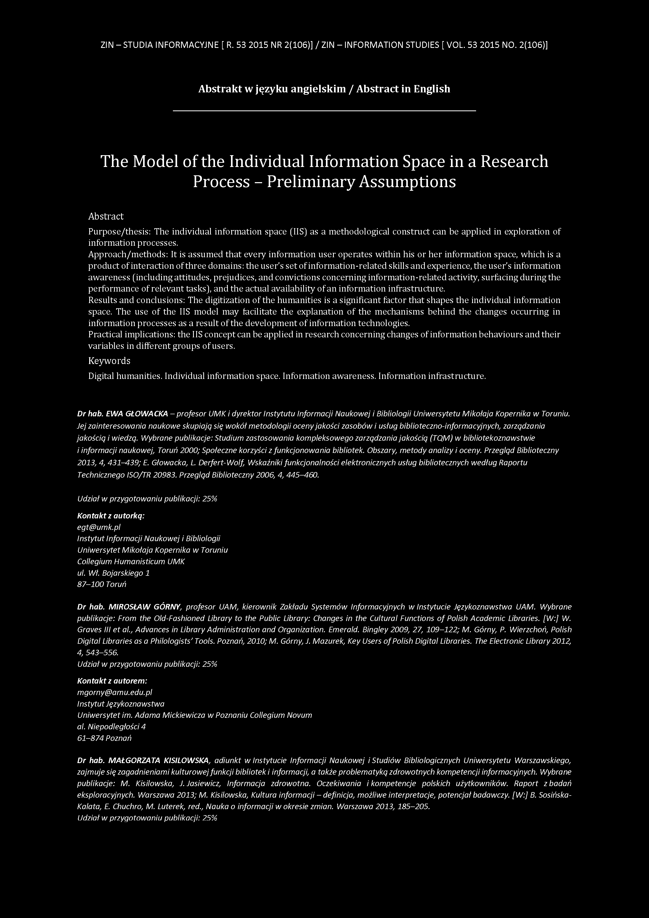ZIN - STUDIA INFORMACYJNE [ R. 53 2015 NR 2(106)] / ZIN - INFORMATION STUDIES [ VOL. 53 2015 NO.