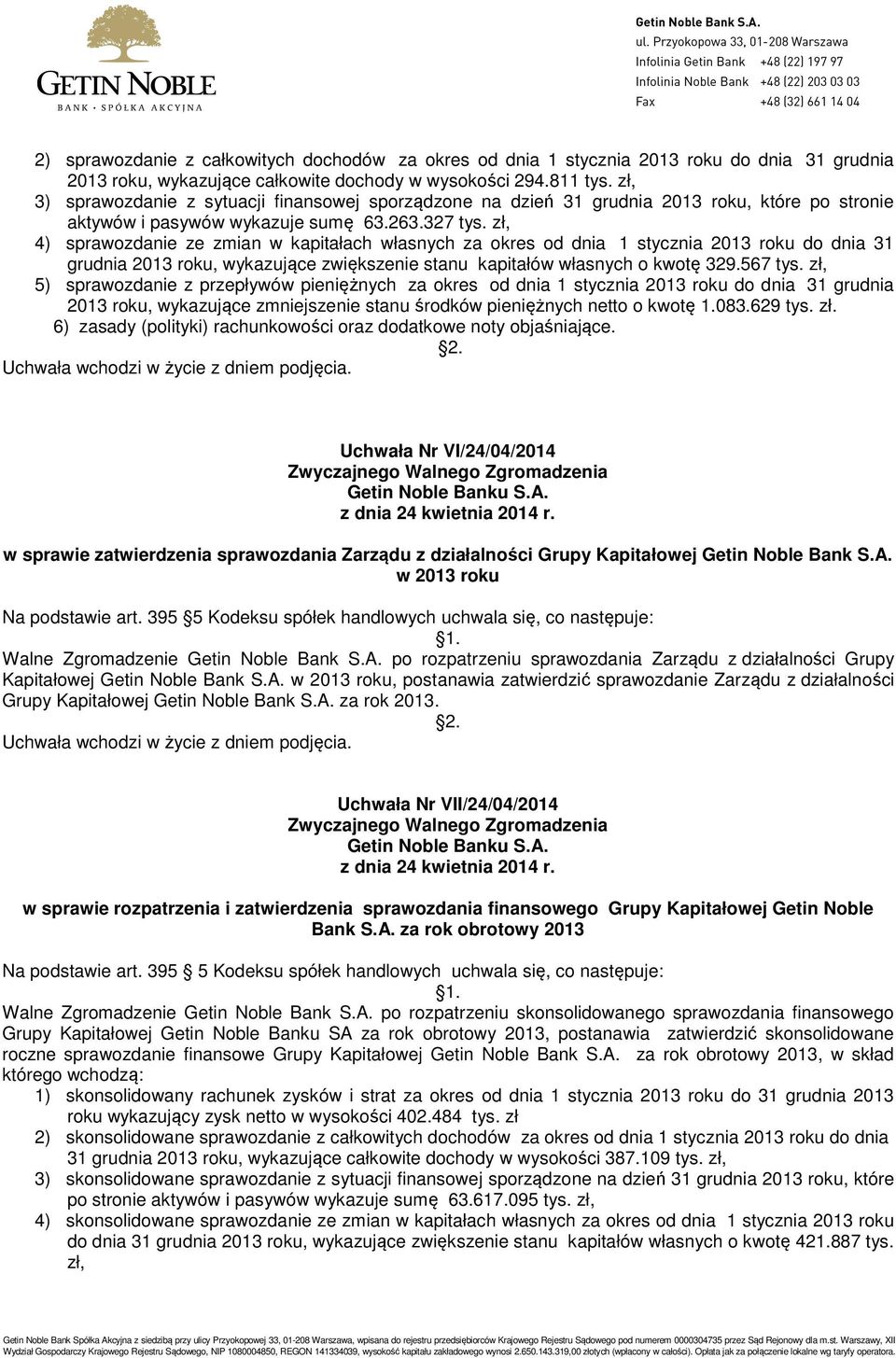 zł, 4) sprawozdanie ze zmian w kapitałach własnych za okres od dnia 1 stycznia 2013 roku do dnia 31 grudnia 2013 roku, wykazujące zwiększenie stanu kapitałów własnych o kwotę 329.567 tys.
