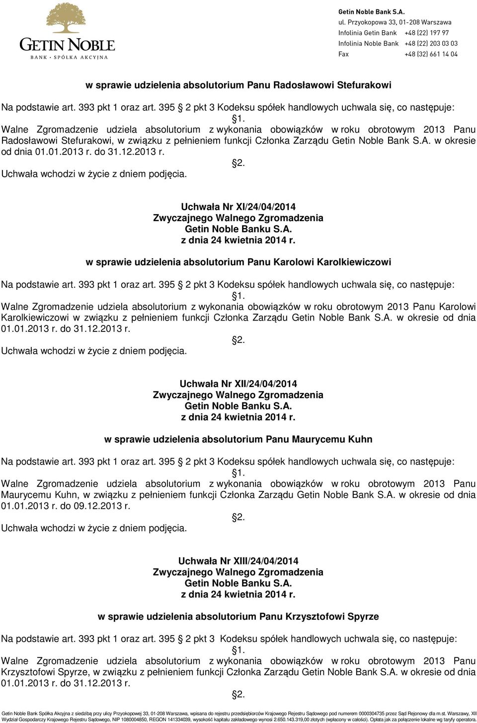 pełnieniem funkcji Członka Zarządu Getin Noble Bank S.A. w okresie od dnia 01.01.2013 r. do 31.12.2013 r. Uchwała Nr XI/24/04/2014 w sprawie udzielenia absolutorium Panu Karolowi Karolkiewiczowi Na podstawie art.