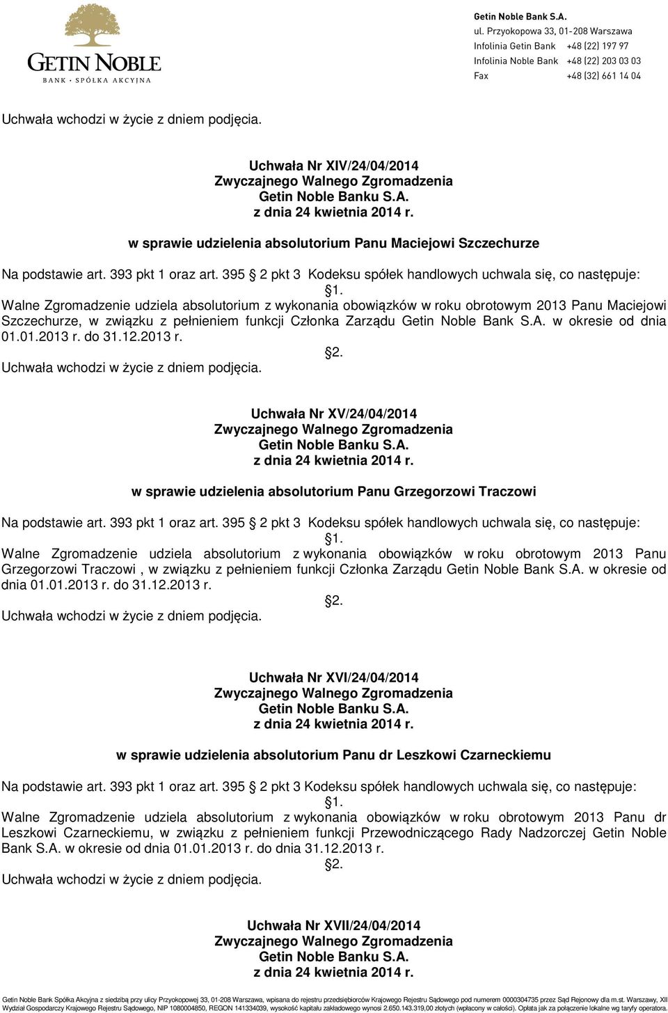 pełnieniem funkcji Członka Zarządu Getin Noble Bank S.A. w okresie od dnia 01.01.2013 r. do 31.12.2013 r. Uchwała Nr XV/24/04/2014 w sprawie udzielenia absolutorium Panu Grzegorzowi Traczowi Na podstawie art.