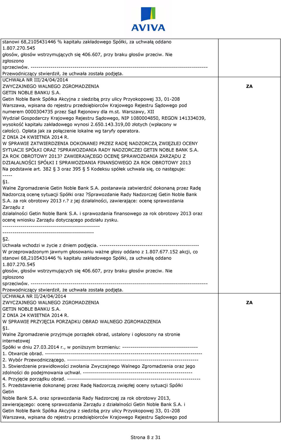 382 3 oraz 395 5 Kodeksu spółek uchwala się, co następuje: ----- Walne Zgromadzenie Getin Noble Bank S.A. postanawia zatwierdzić dokonaną przez Radę Nadzorczą ocenę sytuacji Spółki oraz?