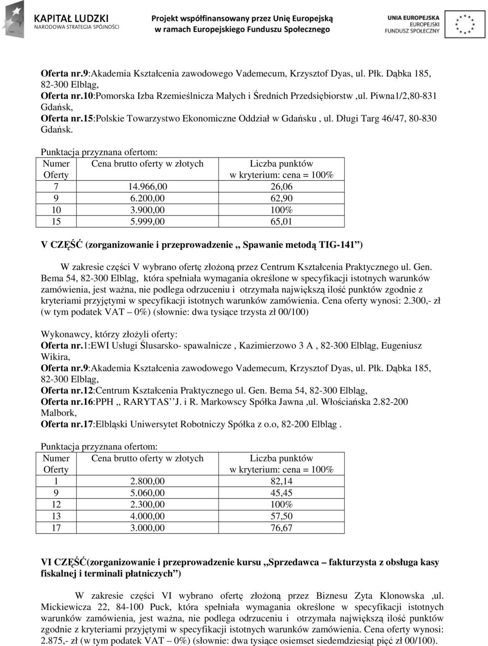 Bema 54, która spełniała wymagania określone w specyfikacji istotnych warunków zamówienia, jest ważna, nie podlega odrzuceniu i otrzymała największą ilość punktów zgodnie z kryteriami przyjętymi w