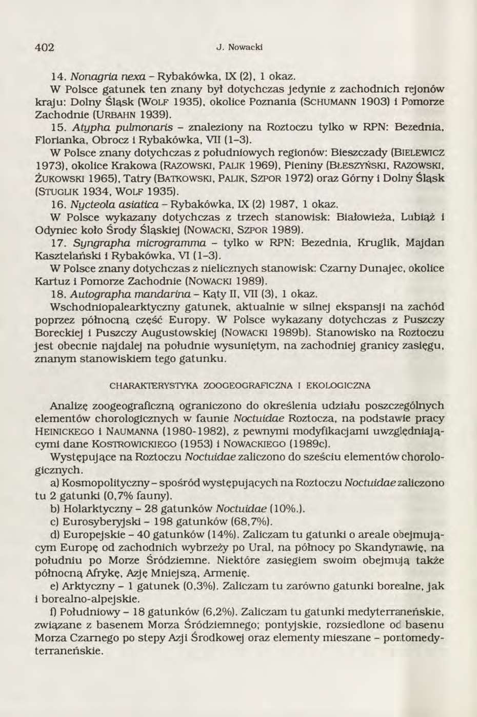 4 0 2 J. Nowacki 14. Nonagria nexa - Rybaków ka, IX (2), 1 okaz.