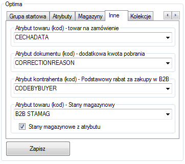 3.4.3. Inne Na zakładce Inne znajdują się pozostałe dane konfiguracyjne: Atrybut towaru (kod) towar na zamówienie atrybut określający towar na zamówienie.