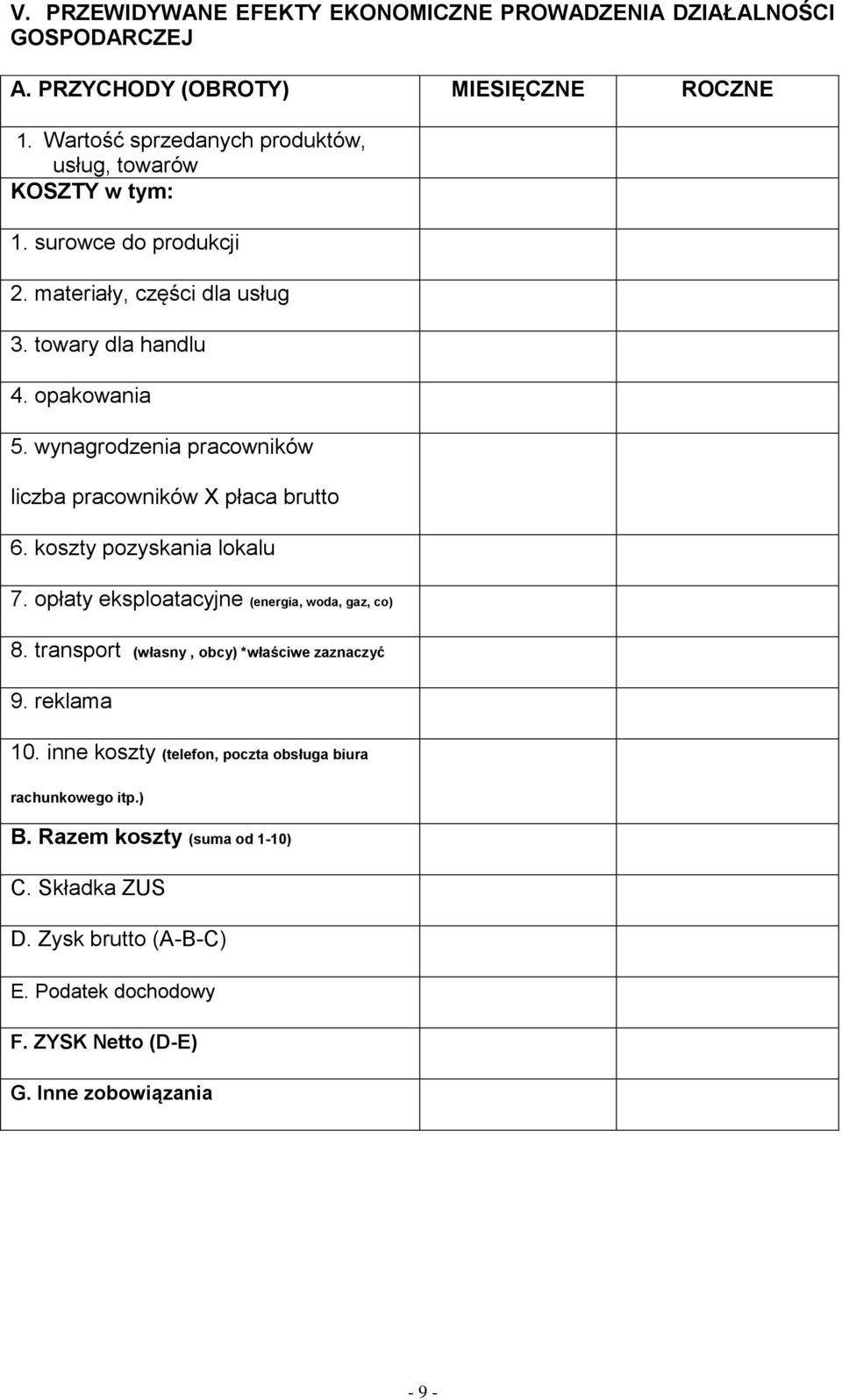 wynagrodzenia pracowników liczba pracowników X płaca brutto 6. koszty pozyskania lokalu 7. opłaty eksploatacyjne (energia, woda, gaz, co) 8.