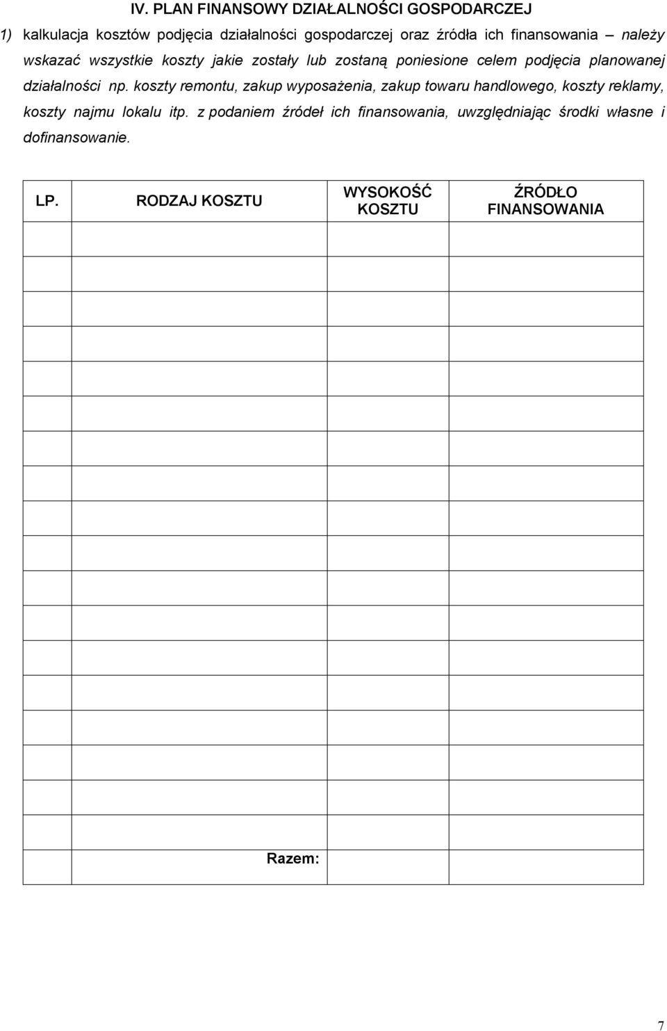 np. koszty remontu, zakup wyposażenia, zakup towaru handlowego, koszty reklamy, koszty najmu lokalu itp.