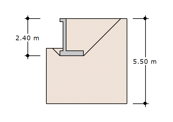 7.4. Układ konstrukcyjny i schematy statyczne. 7.4.1 Ściana oporowa kątowa wys. 240 cm - przekrój A-A Geometria Wysokość ściany H [m] 2.40 Szerokość ściany B [m] 1.55 Długość ściany L [m] 28.