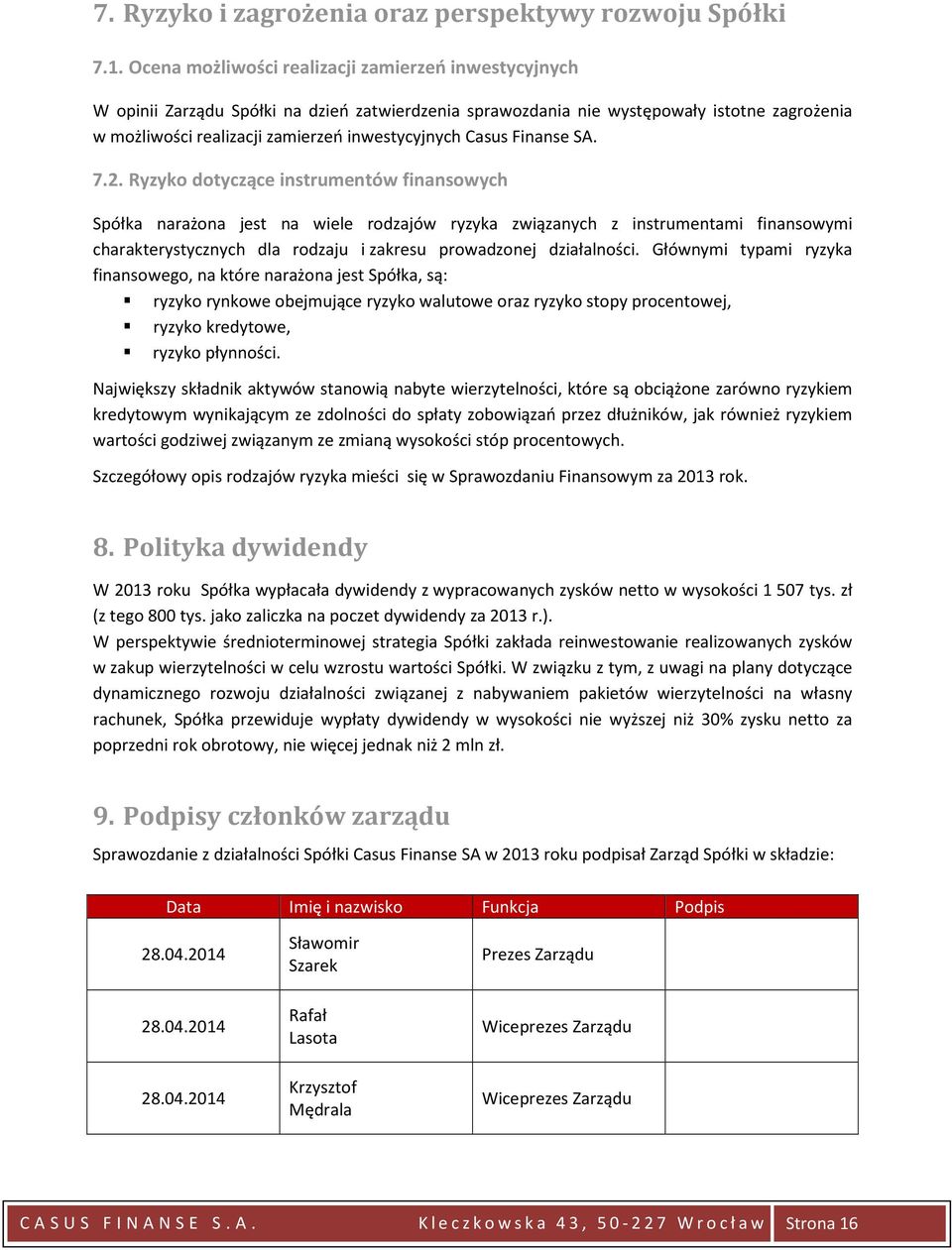 Casus Finanse SA. 7.2.