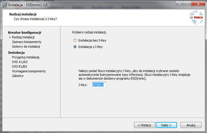 Instalacja oprogramowania ESI 2.0 Instalacja standardowa z wprowadzeniem klucza instalacyjnego I-Key (zalecana).