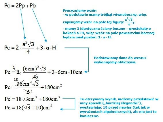 Oblicz pole powierzchni całkowitej graniastosłupa prawidłowego trójkątnego o krawędzi podstawy 6cm i wysokości 10cm.