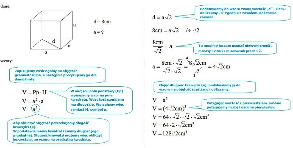 6. Oblicz objętość sześcianu, jeżeli przekątna jego podstawy ma długość 8cm. 7.