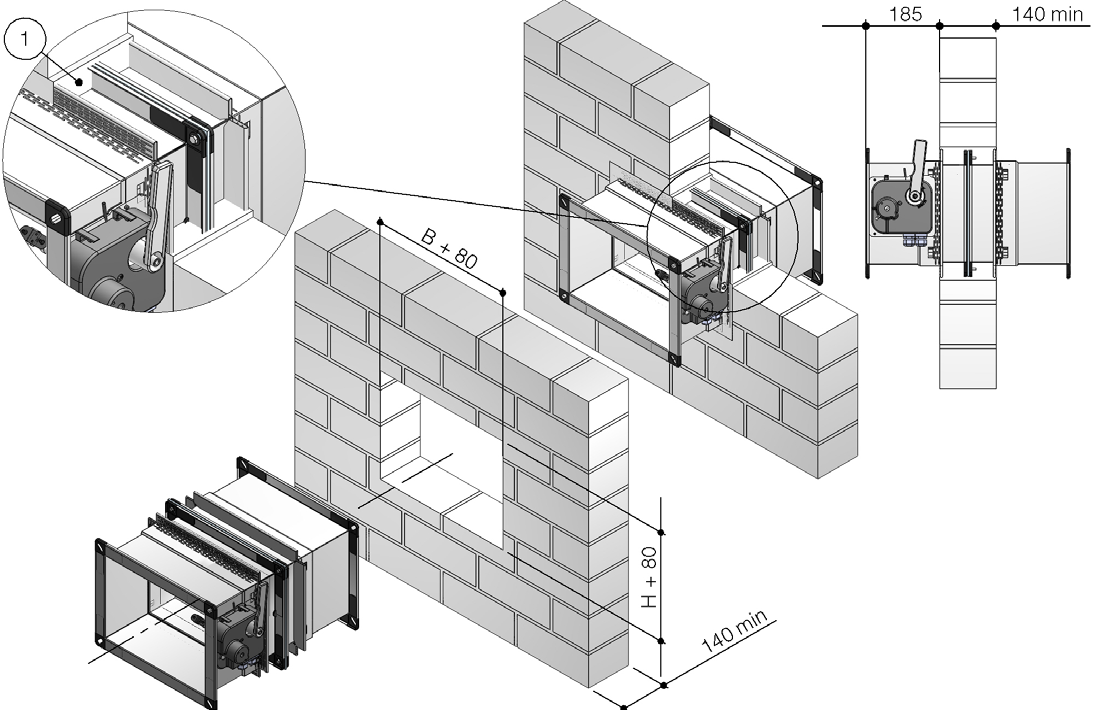 Instalacja Instalacja w pionowej ściance sztywnej EI 180 S Klapy przeciwpożarowe WK45 klasy EI 180 S w pionowych ściankach sztywnych gwarantują szczelność ogniową i cieplną przez 180 minut tylko,