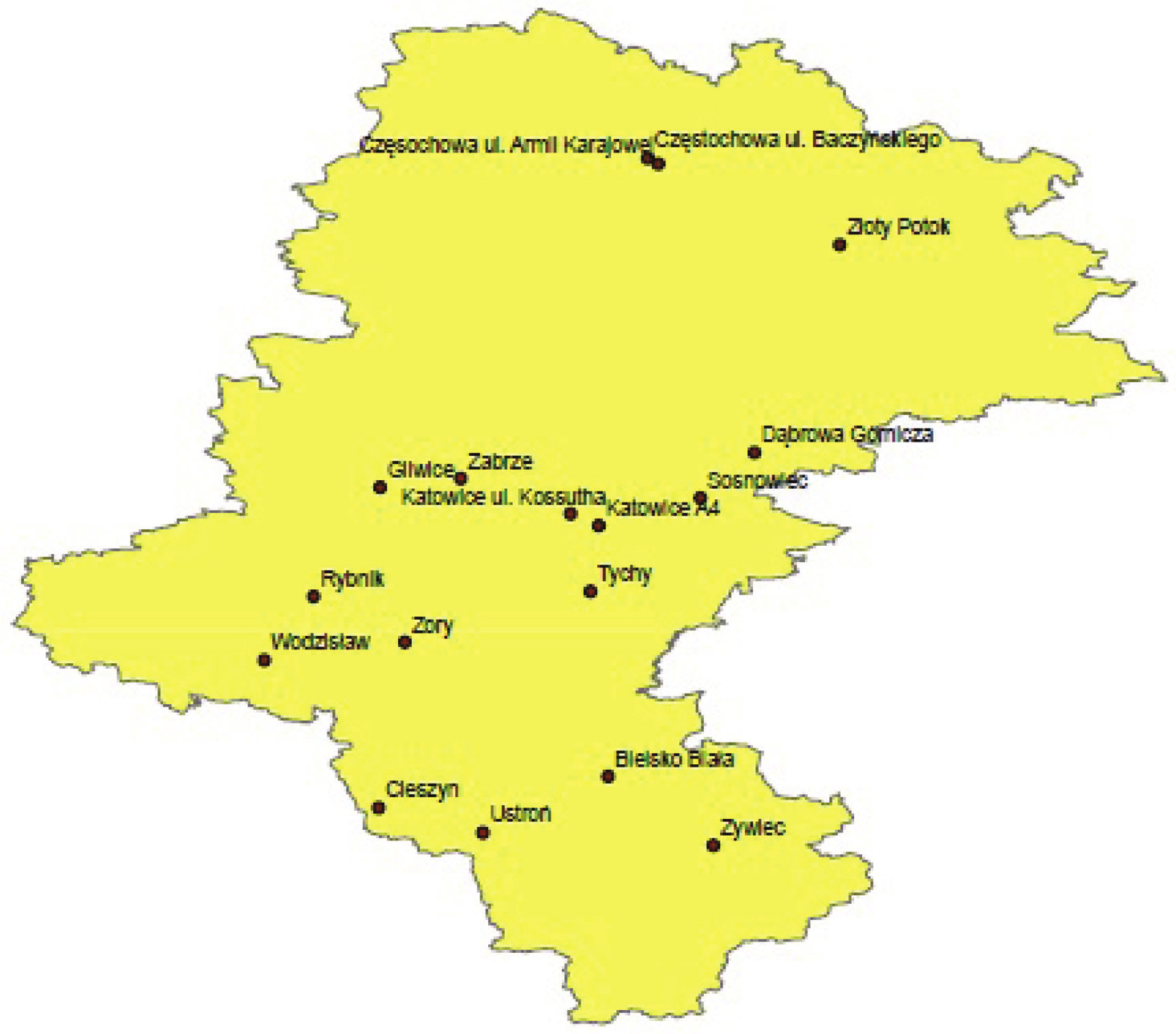Wykorzystanie analizy semiwariancji... CHARAKTERYSTKA OBSZARU BADAŃ W ramach Państwowego Monitoringu Środowiska w województwie śląskim znajduje się 16 stacji automatycznego pomiaru jakości powietrza.
