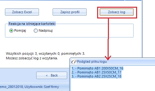 (rys. 14) Postęp importu Po zakończeniu importu pasek postępu zostanie zamieniony na informacje dotyczące wczytanych oraz pominiętych kartotekach (rys. 15).