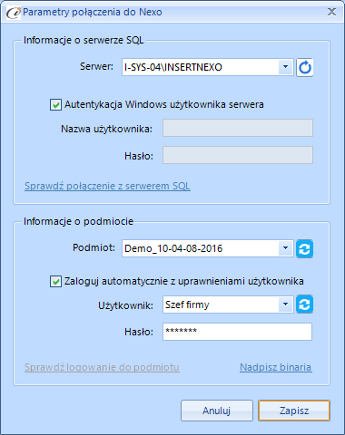 (rys. 7) Parametry połączenia do NEXO W zależności od konfiguracji serwera SQL możemy do zrealizowania połączenia zaznaczyć opcję Autentykacja Windows użytkownika serwera (Rys.