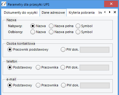 (rys. 18) Dokumenty do wysyłki odbiorcy. 2.3.2.2. Dane adresowe Dane Adresowe umożliwiają ustalamy skąd będą pobierane do przesyłki dane adresowe i kontaktowe (rys. 19) Dane adresowe 2.3.2.3. Kryteria pobrania W sekcji Ustaw pobranie gdy wybieramy kiedy kwota pobrania zostanie uzupełniona.