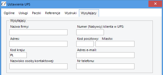 (rys. 26) Ustawienia UPS Wydruki 2.3.3.2. Wysyłający Tutaj wprowadzamy dane wysyłającego i możemy ustawić go jako domyślnego nadawcę na dokumentach.