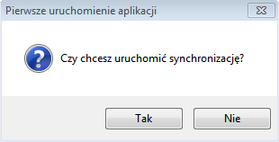 Po skonfigurowaniu aplikacji wyświetla się okno z pytaniem o wykonanie synchronizacji. W przypadku wybrania standardowego systemu źródłowego, klikając Tak wykona się pełna synchronizacja.
