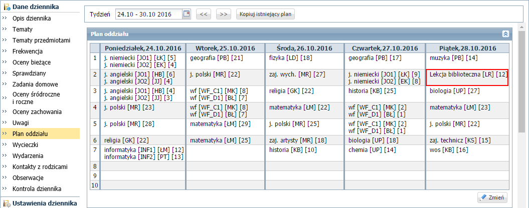 biblioteczne, wycieczki)? 5/11 Zamknij okno, zapisując zmiany. Jeśli na wskazanej porze lekcyjnej istniała lekcja, to nastąpi jej nadpisanie.