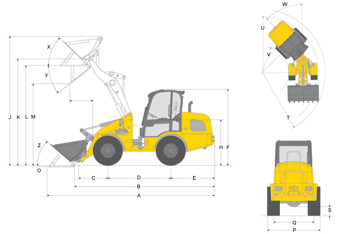 Wymiary A długość całkowita 5.729 mm B długość całkowita bez łyżki 4.784 mm C wysokość sworznia obrotu łyżki do środka osi 990 mm D rozstaw osi 2.150 mm E odległość tyłu nadwozia od tylnej osi 1.